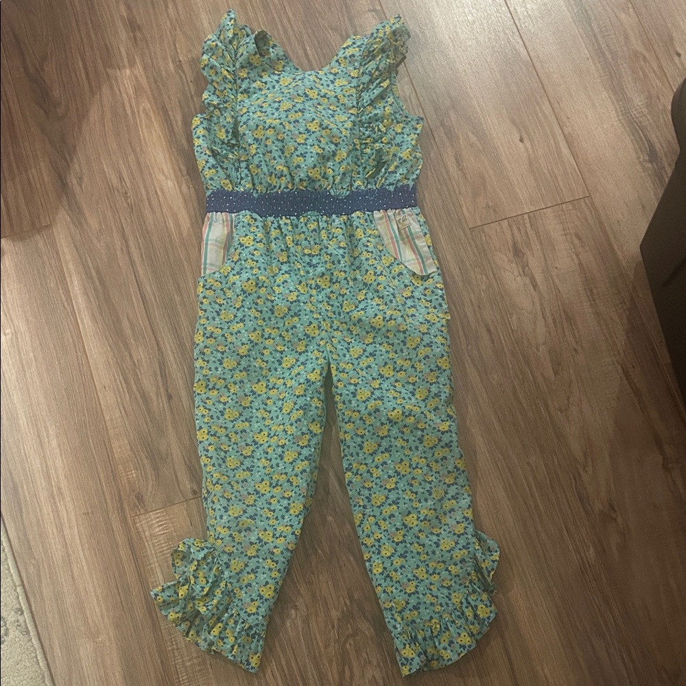 Wildflowers girls size 8 Floral Ruffled Jumpsuit in Teal and Yellow